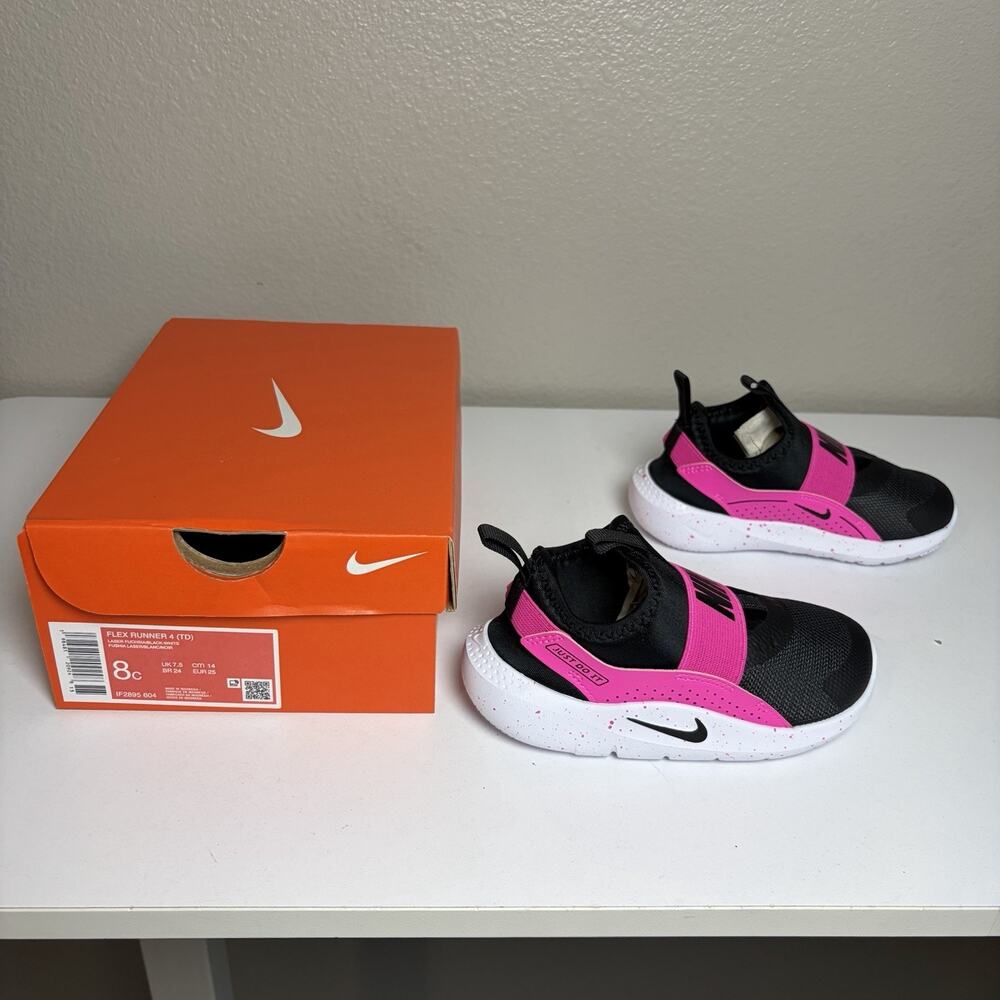 Nike Flex Runner 4 Shoes Size 8C Toddler Black Hot Pink Slip On